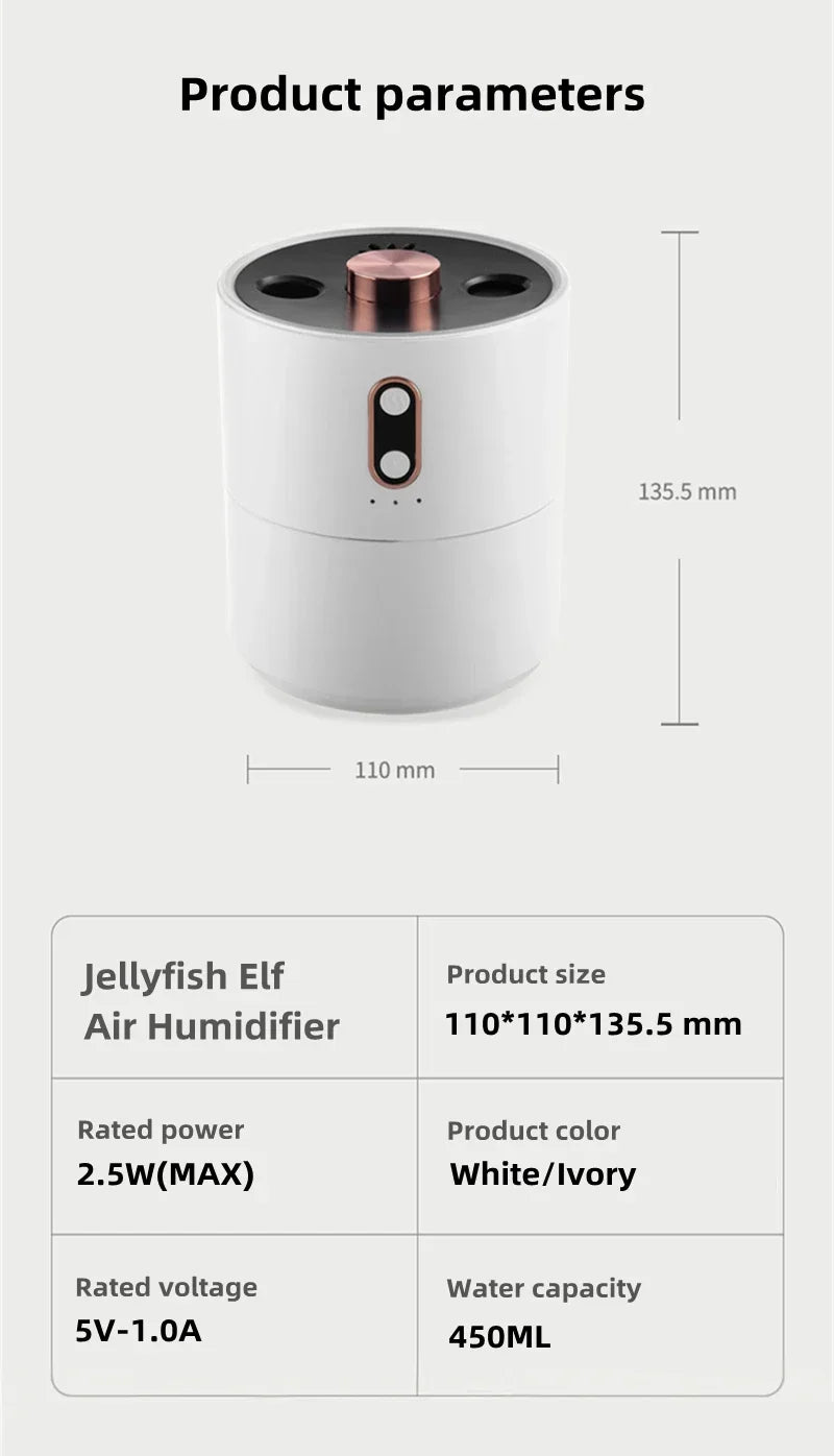 450ml Jellyfish USB Electric Ultrasonic Air Humidifier Dual Nozzle Heavy Fog Humidifier